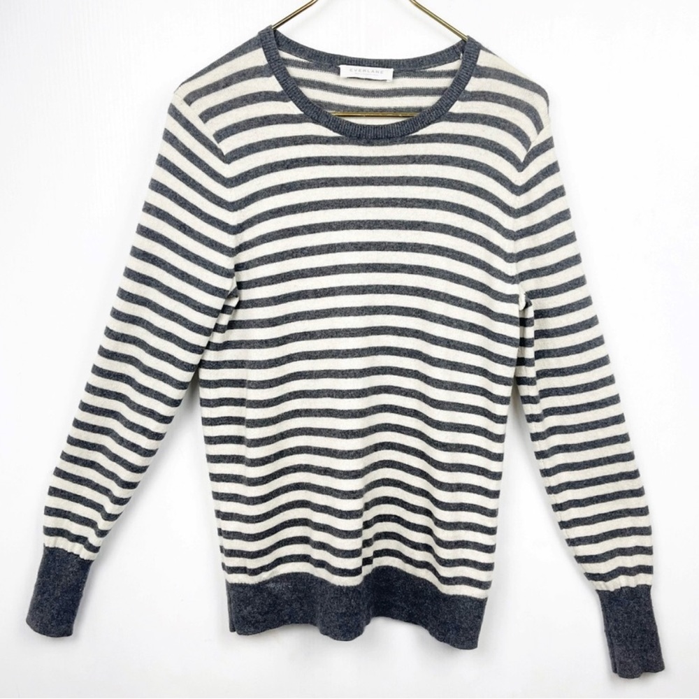 Everlane 100% Cashmere Crew Neck Sweater Grey and Ivory Stripes - Picture 2 of 6